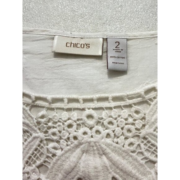 Chicos White Lace-Trim Tunic Top Size 2 Large 100% Cotton Embroidered - Picture 5 of 6